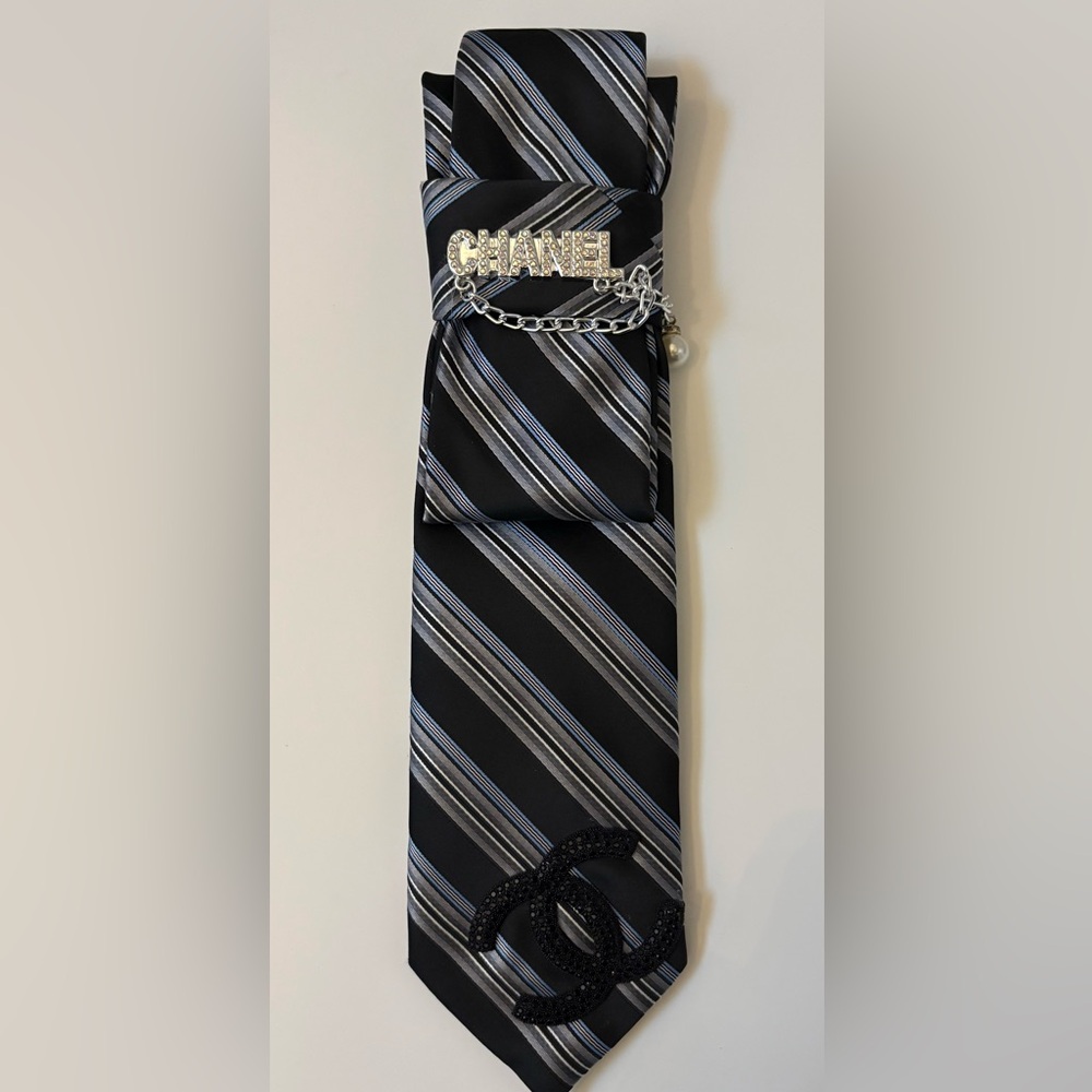 Black Tie with Silver and Blue Stripes